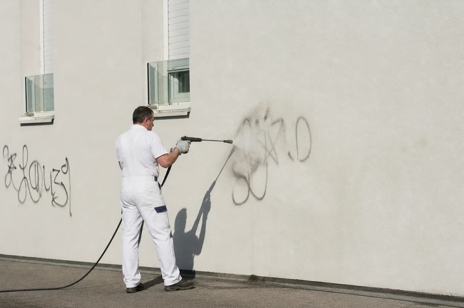 Professionelle Graffiti-Entfernung an einer Hausfassade in Offenbach